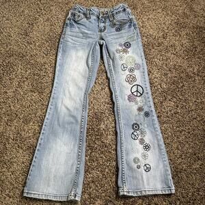Vintage Y2K Girls Sz 8 Mudd Baby Flare Hippie Peace Sign Flare Jeans